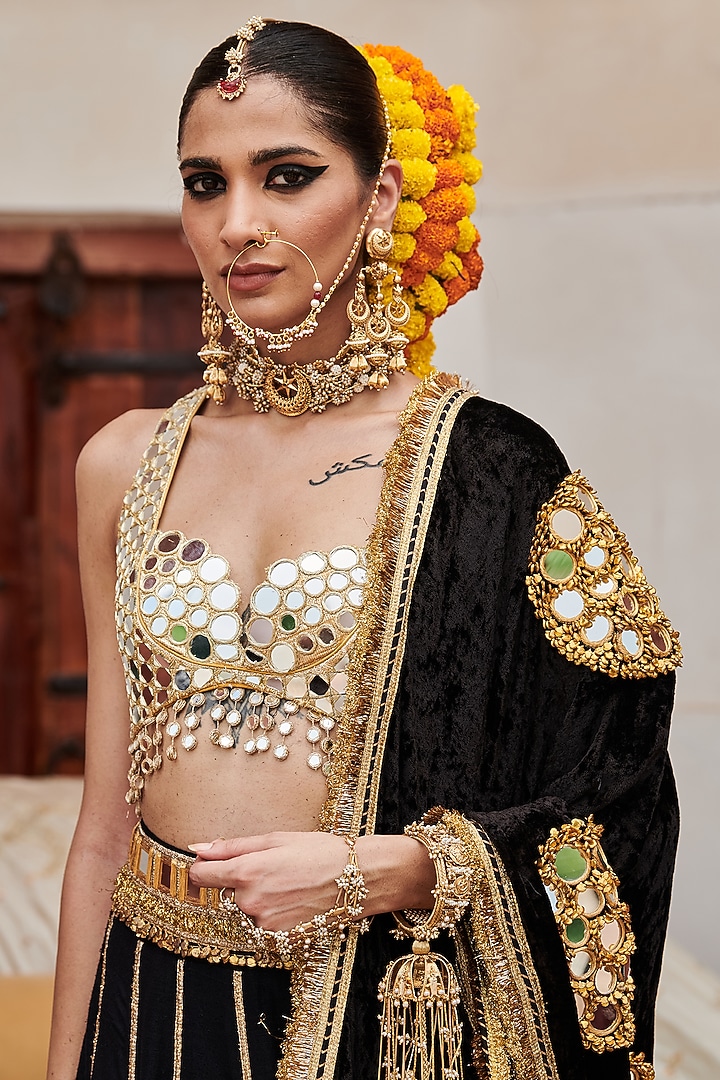 Black Linen Gota & Mirror Embroidered Bridal Lehenga Set by ITRH at Pernia's Pop Up Shop