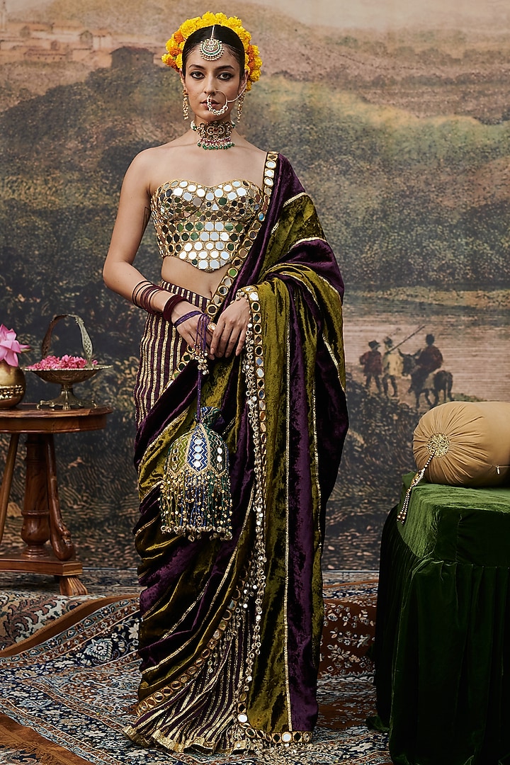 Olive Green & Purple Velvet Saree Set by ITRH