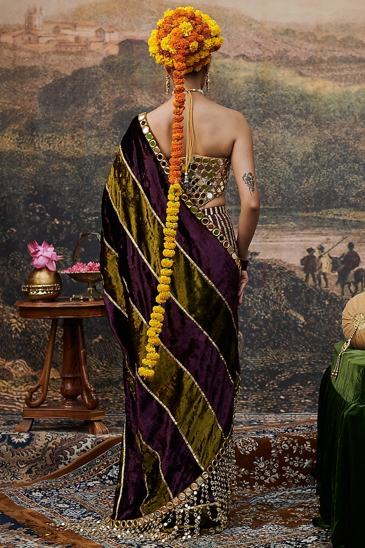 Olive Green & Purple Velvet Bridal Saree Set by ITRH at Pernia's Pop Up Shop