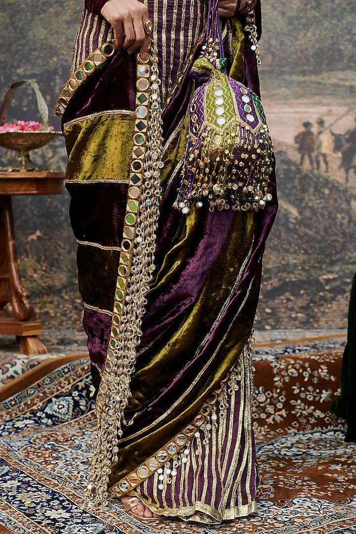 Olive Green & Purple Velvet Bridal Saree Set by ITRH at Pernia's Pop Up Shop