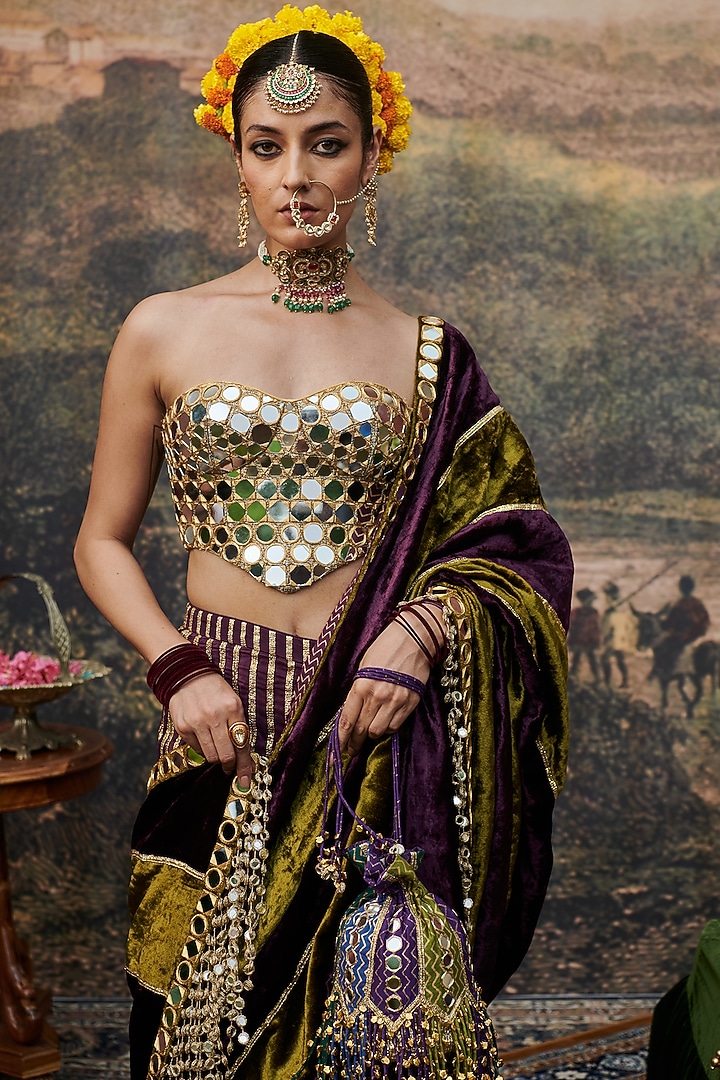 Olive Green & Purple Velvet Bridal Saree Set by ITRH at Pernia's Pop Up Shop