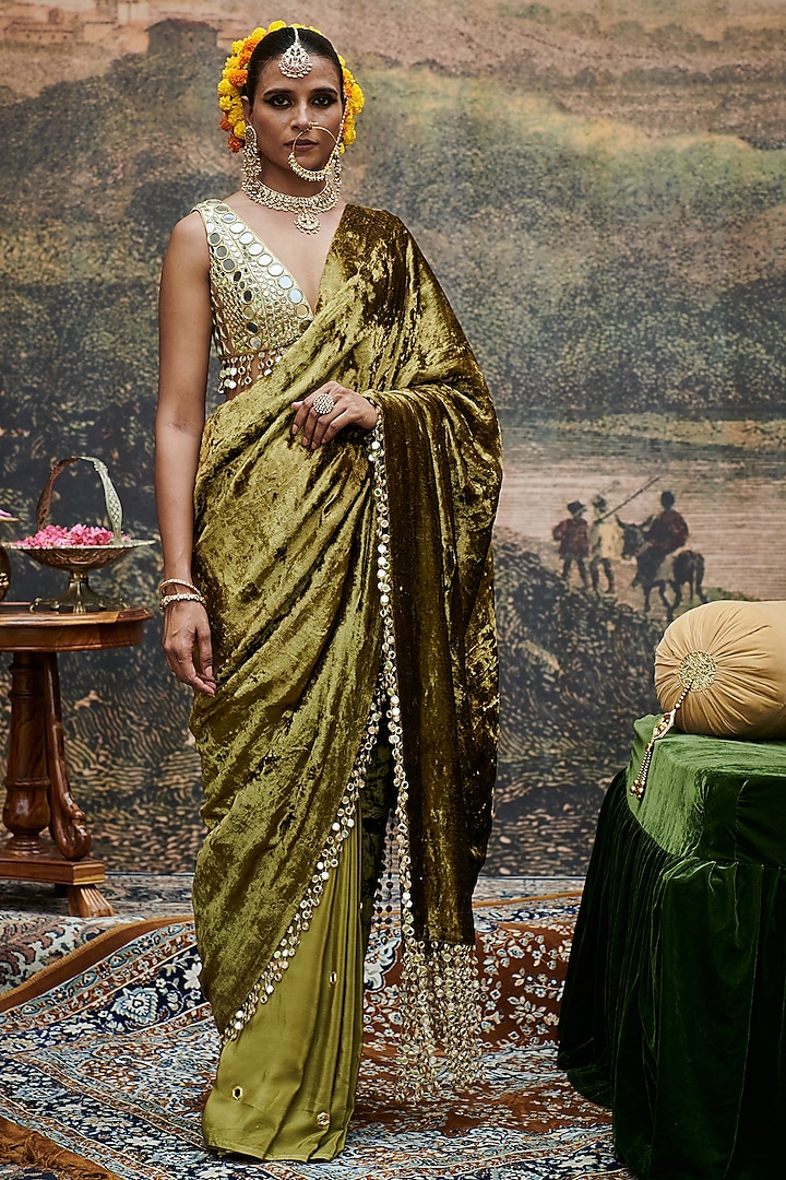 Olive Green Velvet Mirror Tassels Saree Set by ITRH at Pernia's Pop Up Shop