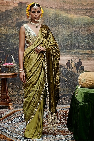 Olive Green Velvet Mirror Tassels Saree Set by ITRH