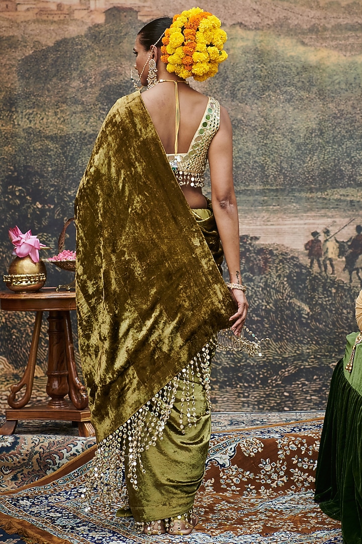 Olive Green Velvet Mirror Tassels Reception Saree Set by ITRH at Pernia's Pop Up Shop