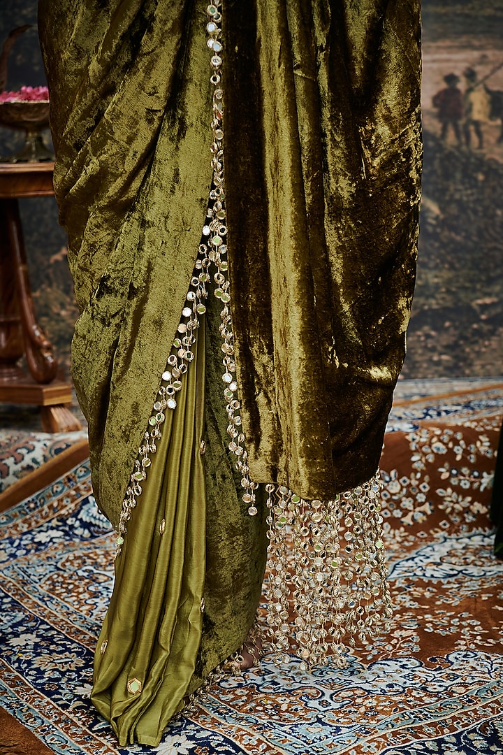 Olive Green Velvet Mirror Tassels Reception Saree Set by ITRH at Pernia's Pop Up Shop