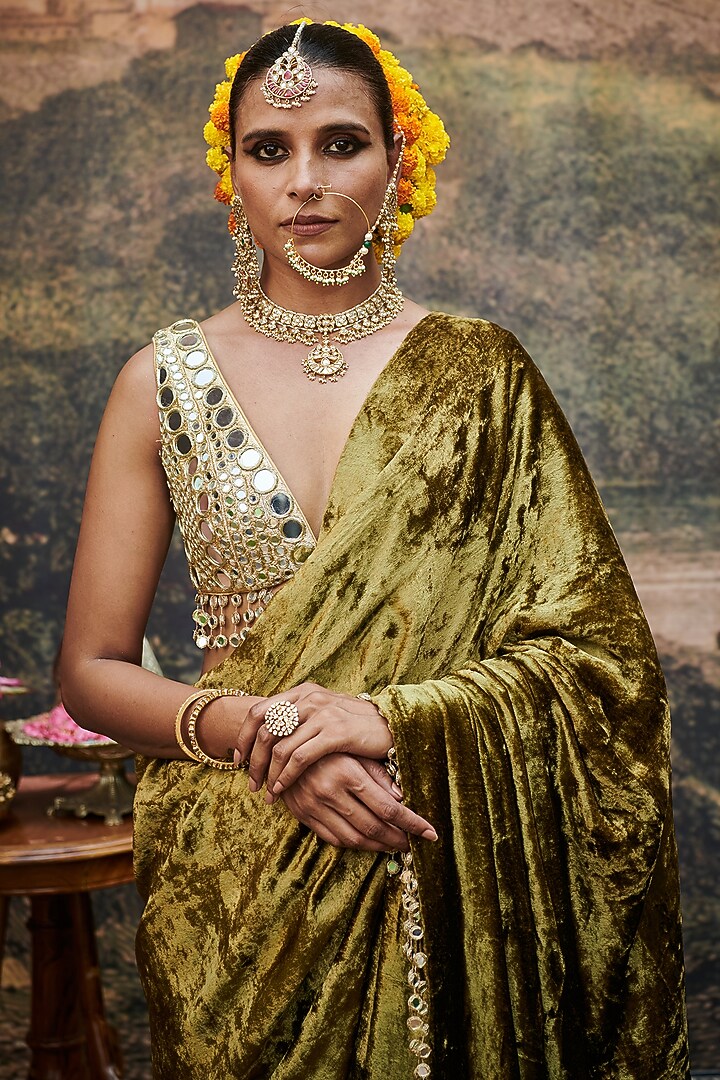 Olive Green Velvet Mirror Tassels Reception Saree Set by ITRH at Pernia's Pop Up Shop