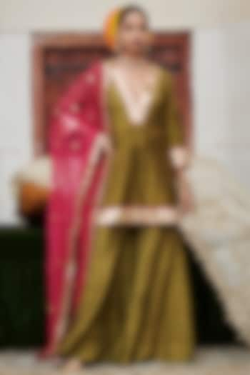 Olive Green Raw Silk Sharara Set by ITRH at Pernia's Pop Up Shop