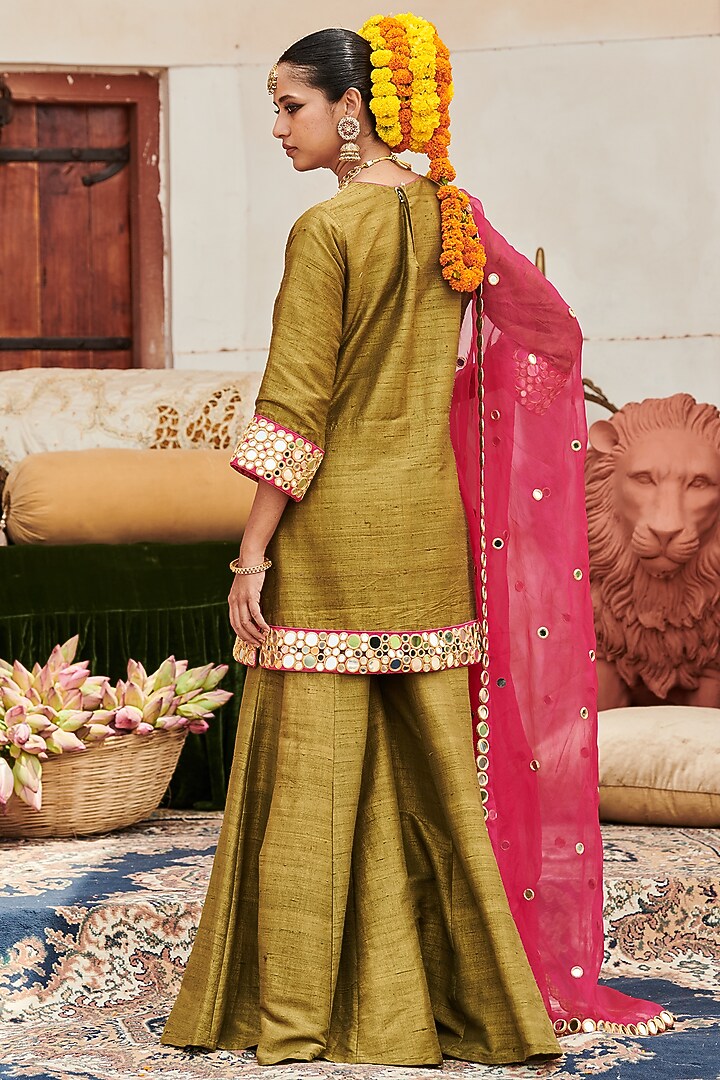 Olive Green Raw Silk Bridal Sharara Set by ITRH at Pernia's Pop Up Shop