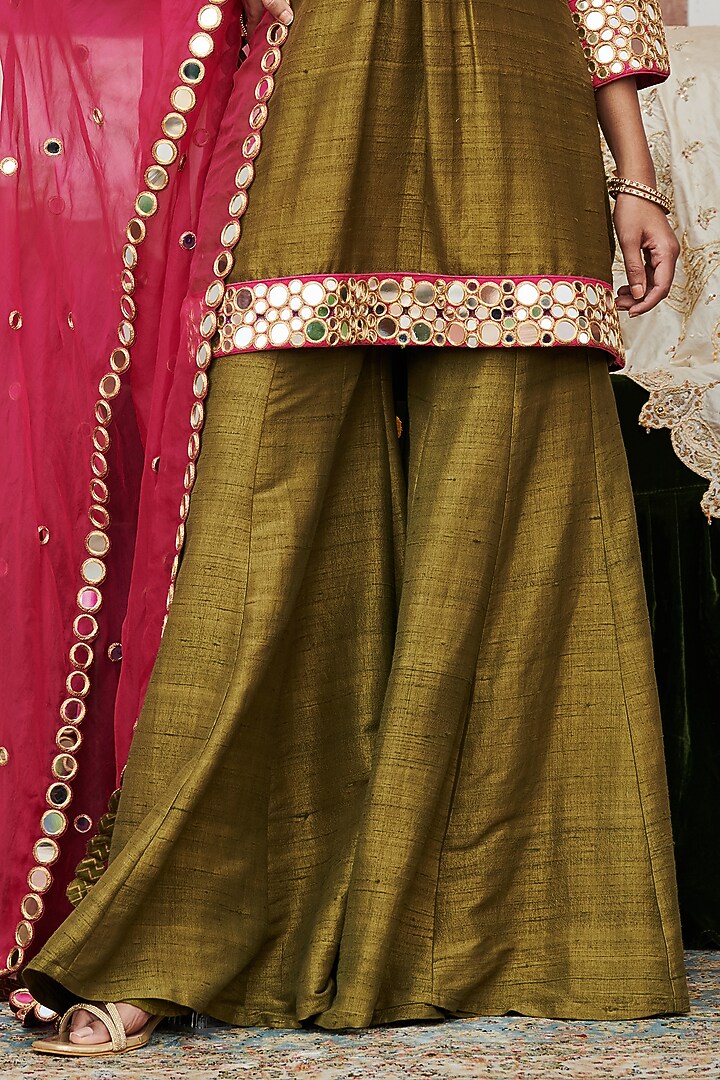 Olive Green Raw Silk Bridal Sharara Set by ITRH at Pernia's Pop Up Shop