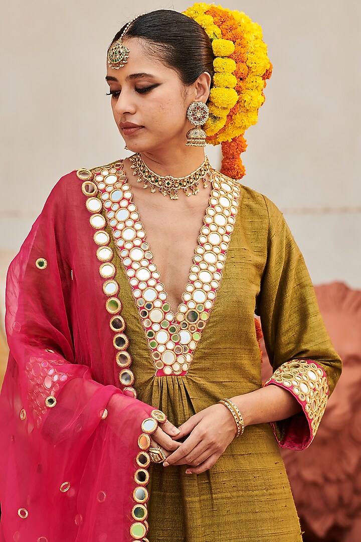 Olive Green Raw Silk Bridal Sharara Set by ITRH at Pernia's Pop Up Shop