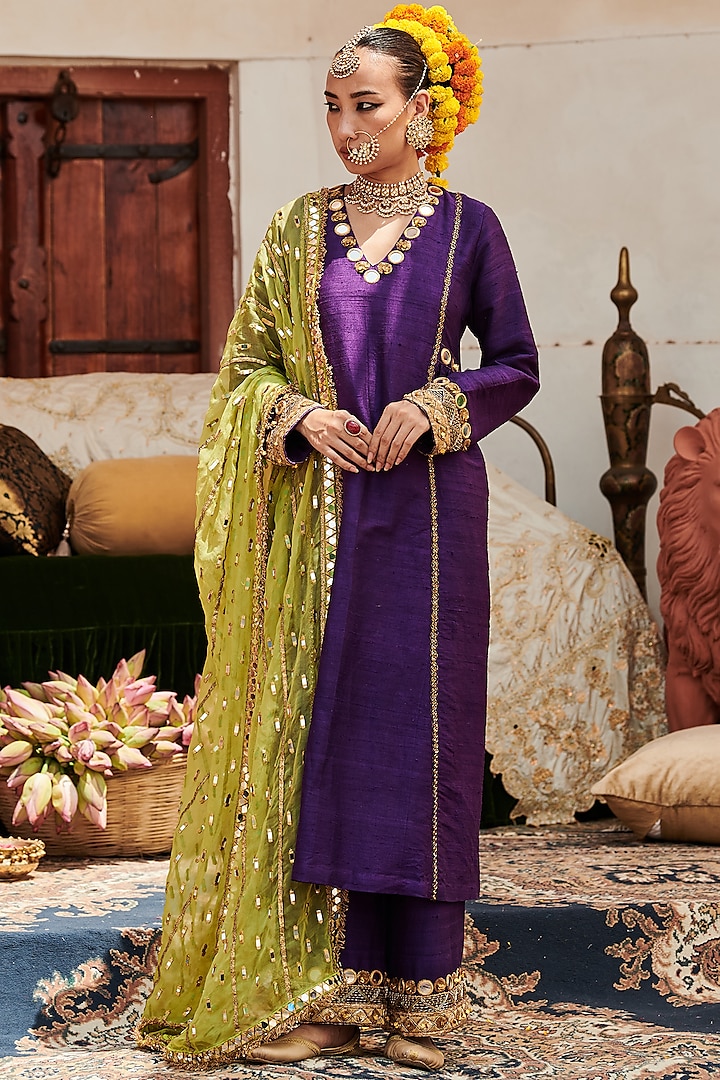 Purple Raw Silk Mirror Work Kurta Set by ITRH