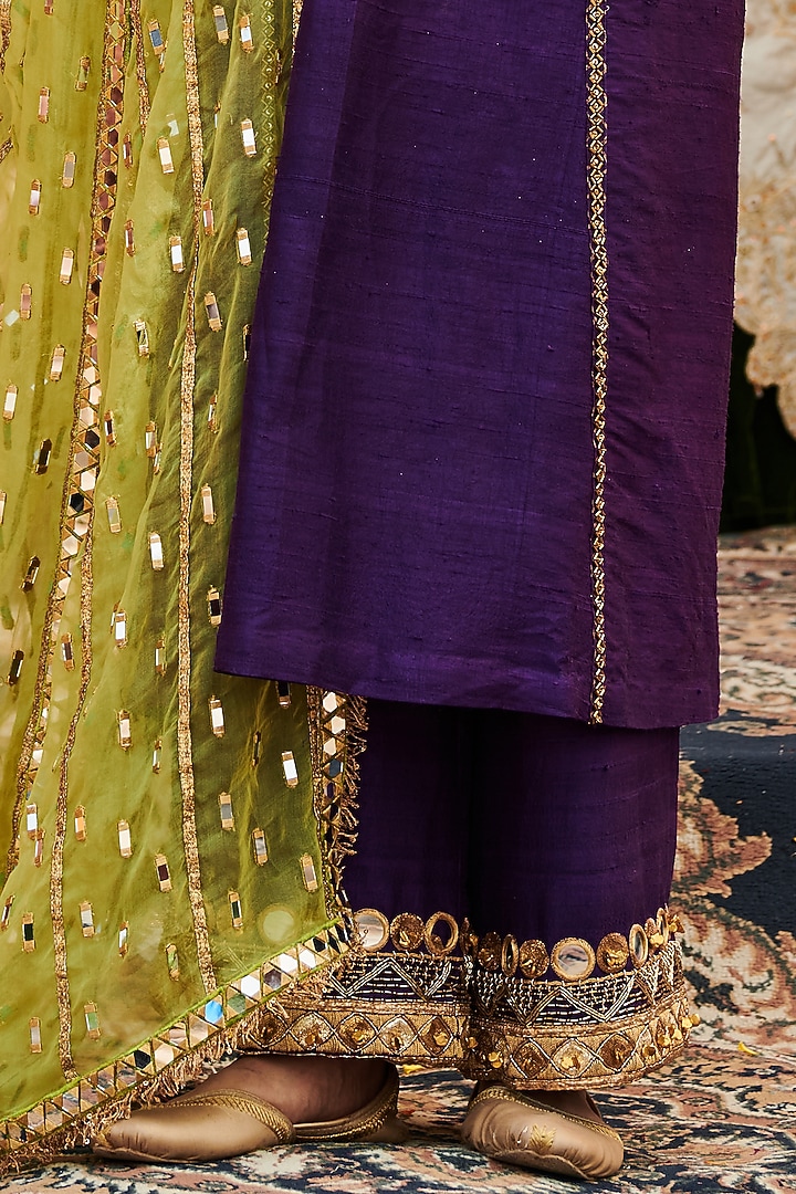 Purple Raw Silk Mirror Work Kurta Set by ITRH at Pernia's Pop Up Shop