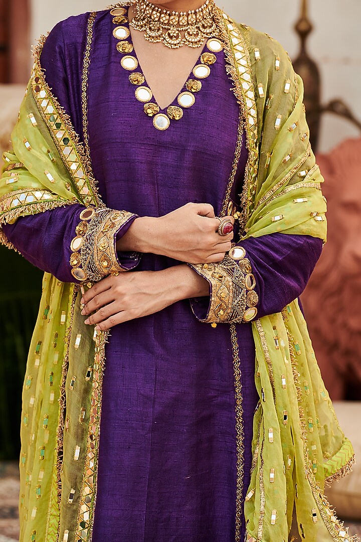 Purple Raw Silk Mirror Work Kurta Set by ITRH at Pernia's Pop Up Shop