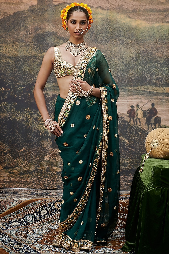 Green & Golden Organza Mirror Work Saree Set by ITRH at Pernia's Pop Up Shop