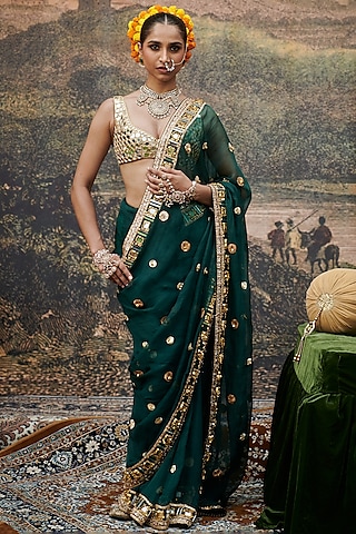 Green & Golden Organza Mirror Work Saree Set by ITRH