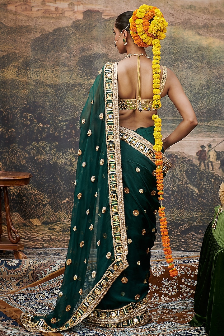 Green & Golden Organza Mirror Work Reception Saree Set by ITRH at Pernia's Pop Up Shop