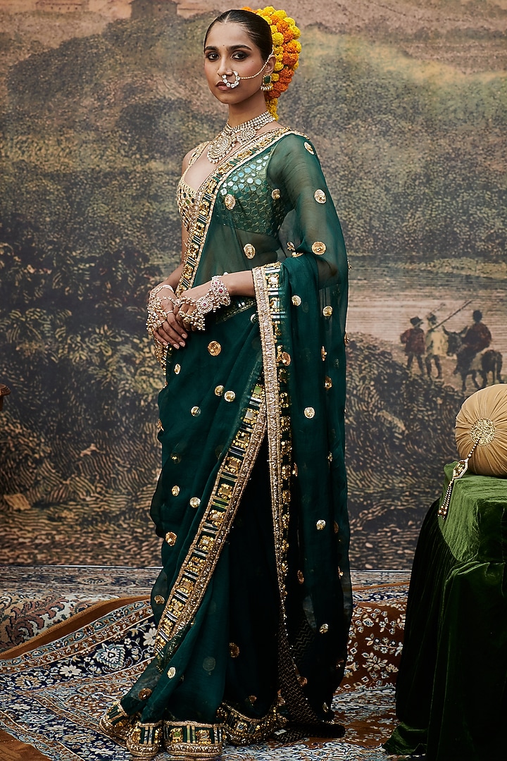 Green & Golden Organza Mirror Work Reception Saree Set by ITRH at Pernia's Pop Up Shop