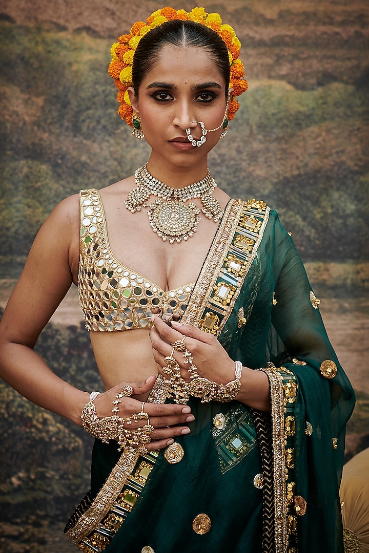 Green & Golden Organza Mirror Work Reception Saree Set by ITRH at Pernia's Pop Up Shop