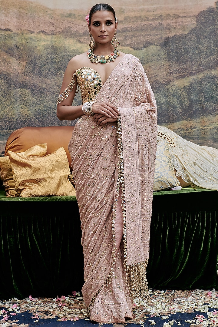 Peach Lucknowi Tassels Hand Embroidered Saree Set by ITRH at Pernia's Pop Up Shop