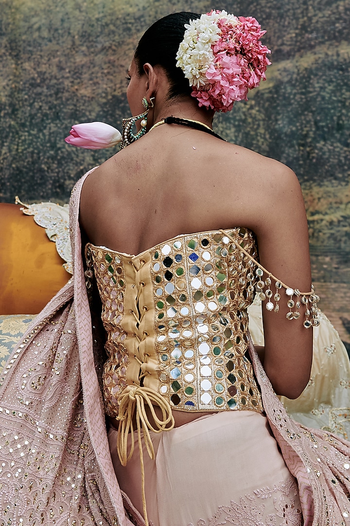 Peach Lucknowi Tassels Hand Embroidered Bridal Saree Set by ITRH at Pernia's Pop Up Shop