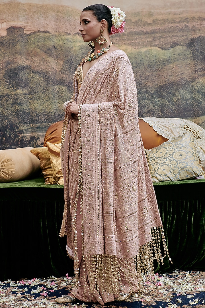 Peach Lucknowi Tassels Hand Embroidered Bridal Saree Set by ITRH at Pernia's Pop Up Shop