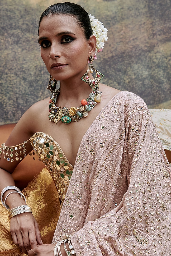 Peach Lucknowi Tassels Hand Embroidered Bridal Saree Set by ITRH at Pernia's Pop Up Shop