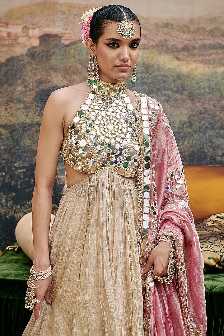 Gold Chanderi Gota Work Skirt Set by ITRH at Pernia's Pop Up Shop