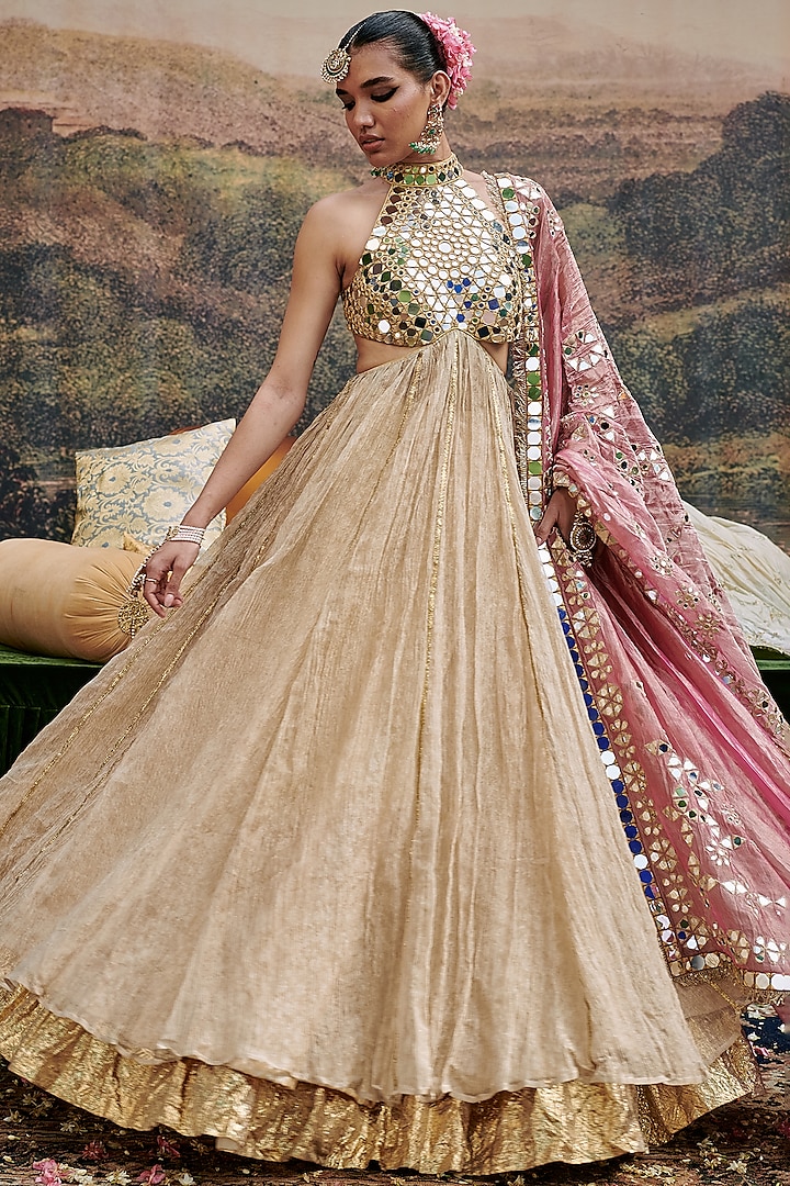 Beige & Gold Chanderi Gota Work Bridal Lehenga Set by ITRH at Pernia's Pop Up Shop