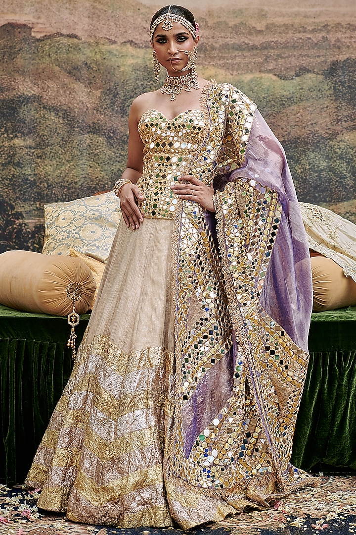 Gold Tissue Chevron Printed Bridal Lehenga Set by ITRH at Pernia's Pop Up Shop