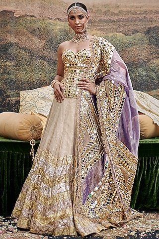 Gold Tissue Chevron Printed Lehenga Set by ITRH
