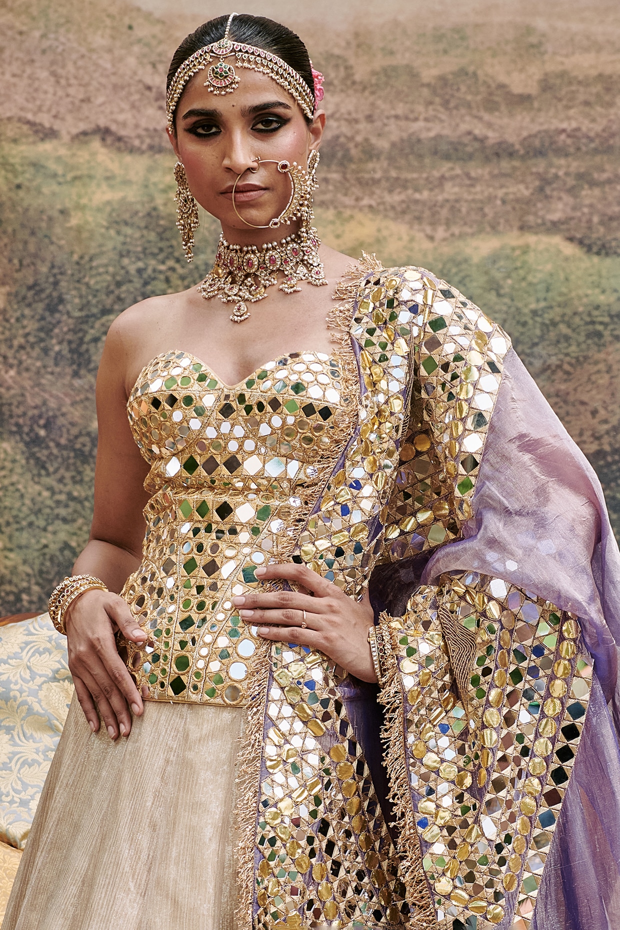 Gold Tissue Chevron Printed Bridal Lehenga Set by ITRH at Pernia s Pop Up Shop 2025