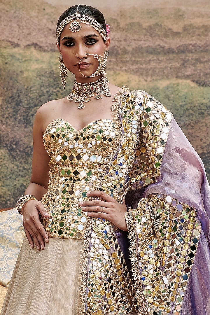Gold Tissue Chevron Printed Bridal Lehenga Set by ITRH at Pernia's Pop Up Shop