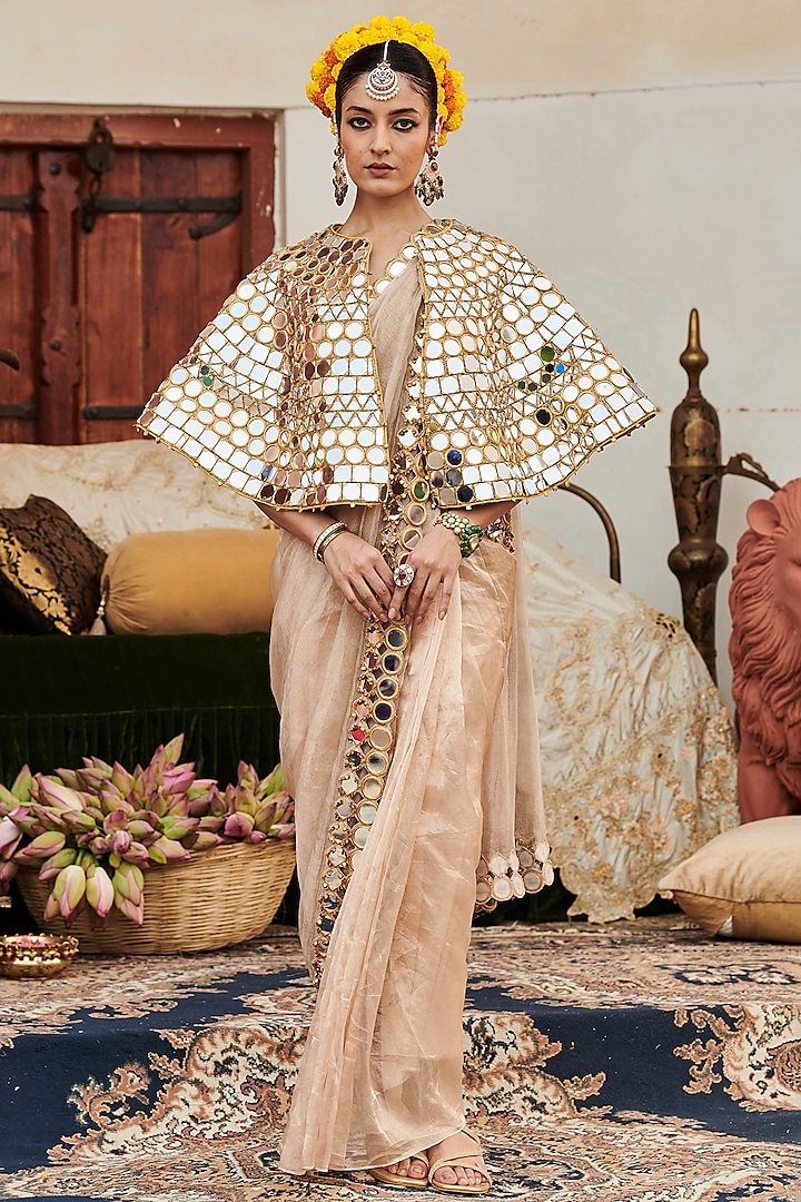 Beige Tissue Mirror Work Jacket Saree Set by ITRH at Pernia's Pop Up Shop