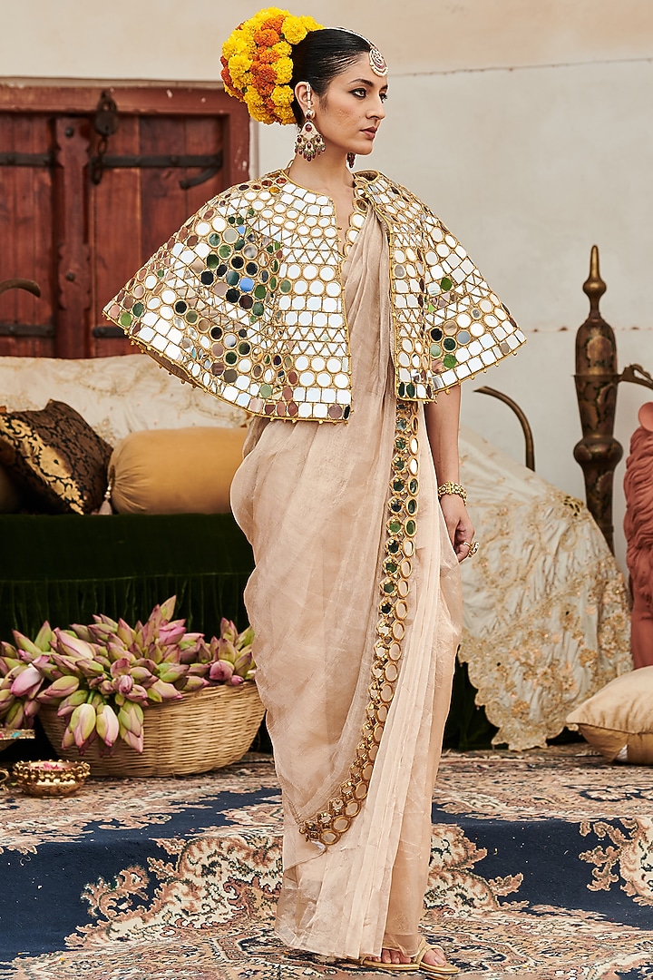 Beige Tissue Mirror Work Jacket Saree Set by ITRH at Pernia's Pop