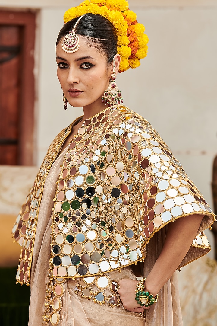 Beige Tissue Mirror Work Jacket Reception Saree Set by ITRH at Pernia's Pop Up Shop