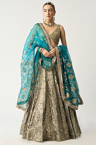 Turquoise Silver Lampi Lehenga Set by ITRH