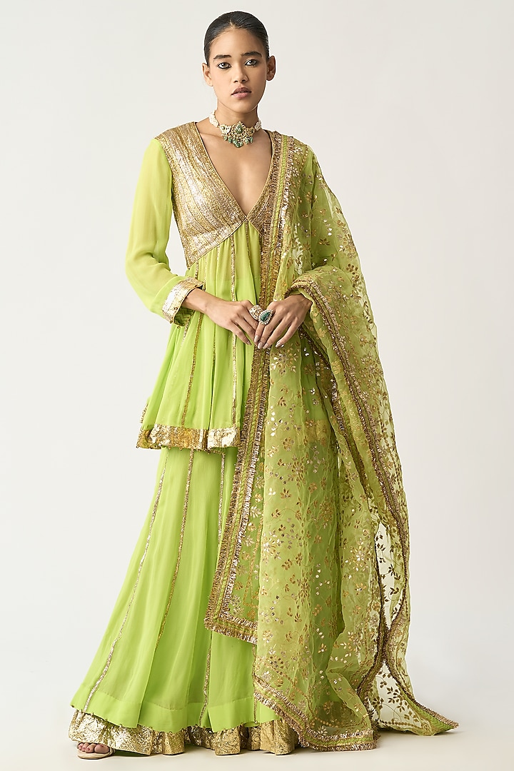 Neon Green Pure Georgette Bridal Sharara Set by ITRH at Pernia's Pop Up Shop
