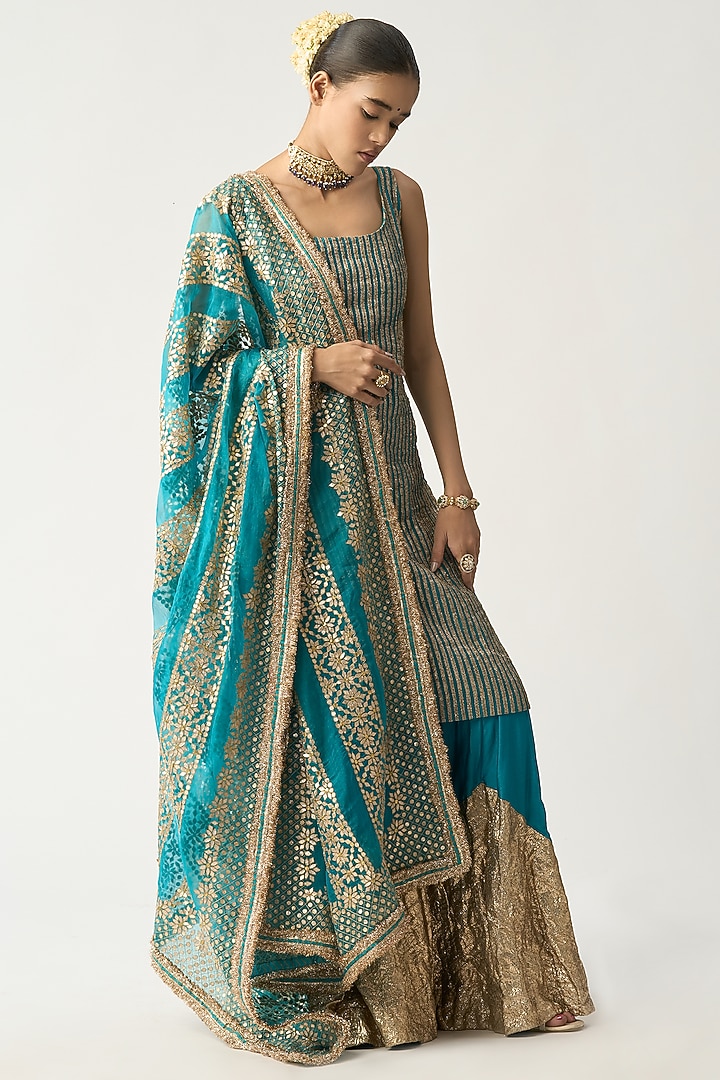 Turquoise Silk Chanderi Bridal Sharara Set by ITRH at Pernia's Pop Up Shop