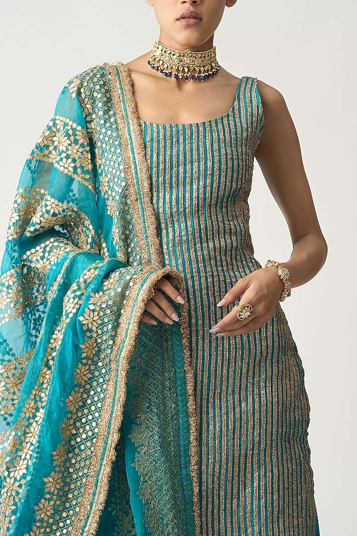 Turquoise Silk Chanderi Bridal Sharara Set by ITRH at Pernia's Pop Up Shop