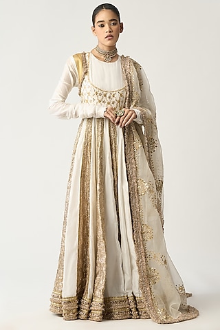 White Silk Chanderi Anarkali Set by itrh