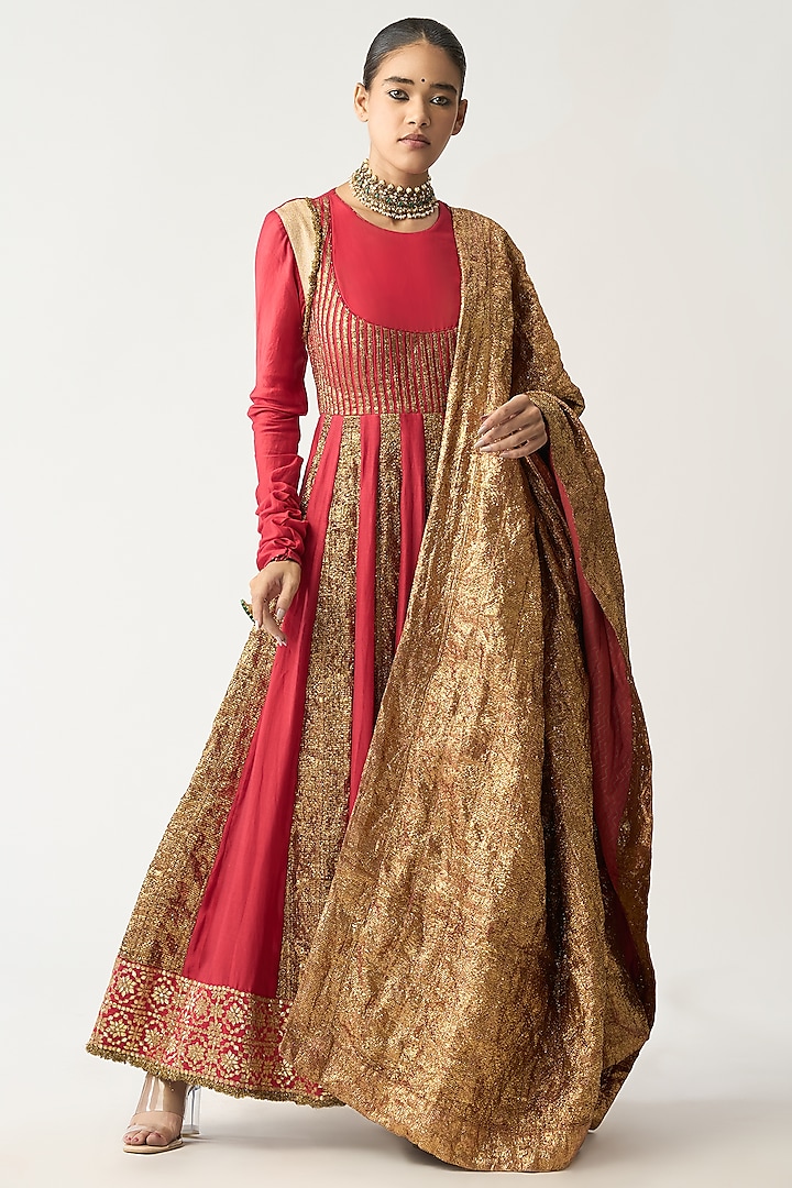 Red Silk Chanderi Anarkali Set by ITRH