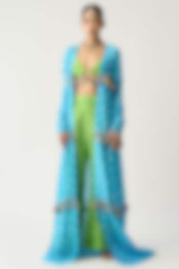 Turquoise Silk Chanderi Jacket Set by ITRH