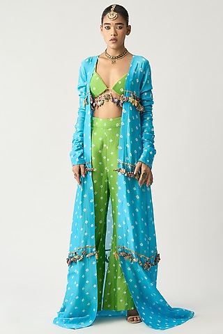 Turquoise Silk Chanderi Jacket Set by ITRH