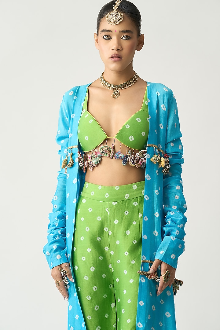 Turquoise Silk Chanderi Jacket Set by ITRH at Pernia's Pop Up Shop