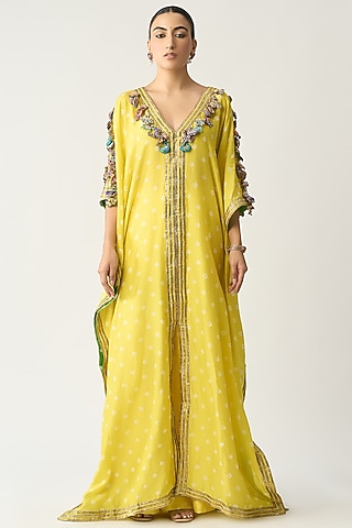 Yellow Silk Chanderi Kaftan by ITRH
