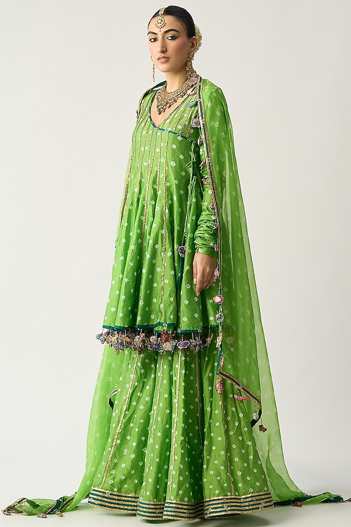 Parrot Green Silk Chanderi Sharara Set by ITRH at Pernia's Pop Up Shop