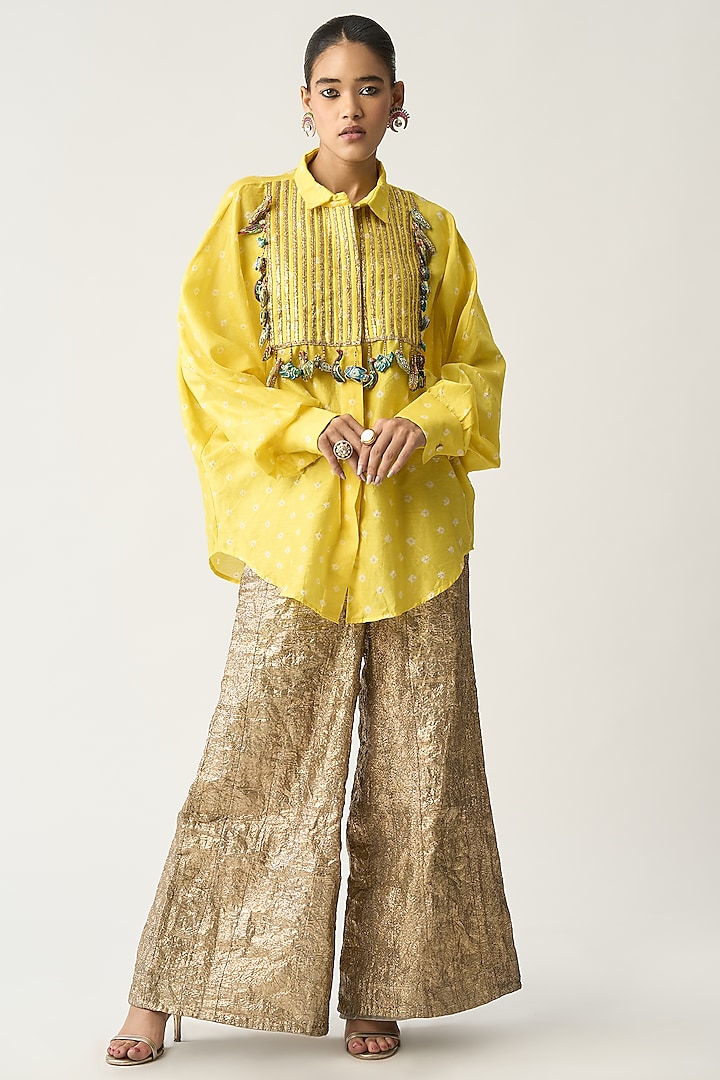 Yellow Silk Chanderi Oversized Tunic by ITRH