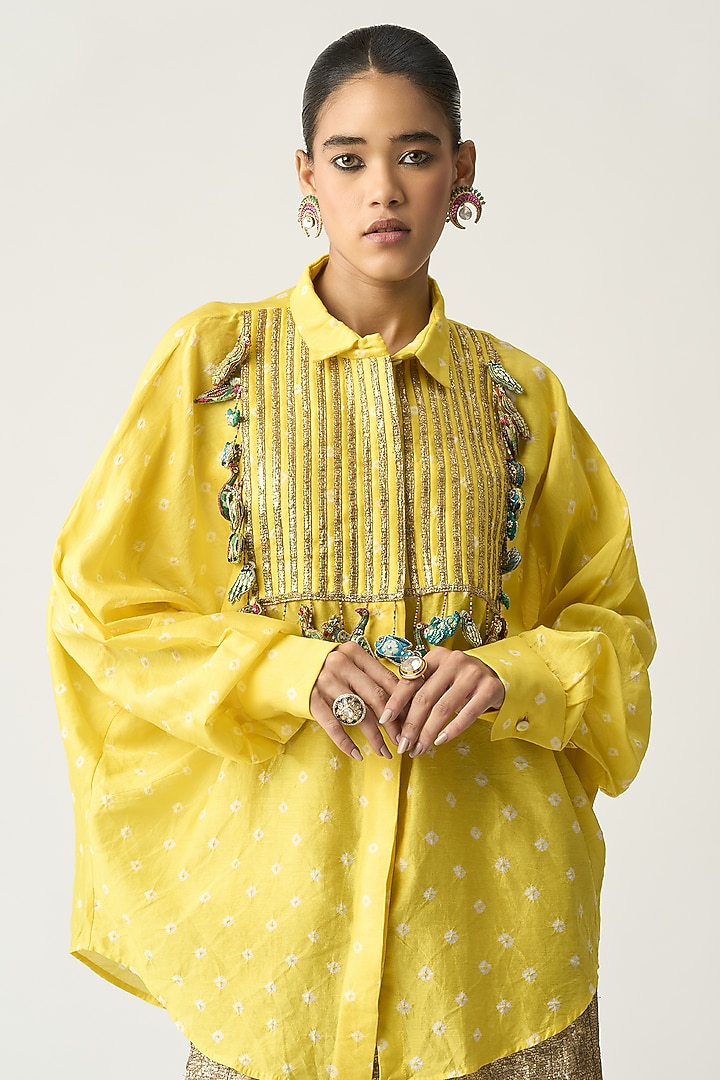 Yellow Silk Chanderi Oversized Tunic by ITRH at Pernia's Pop Up Shop