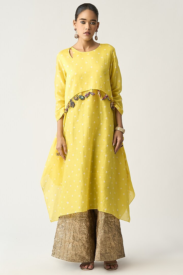 Yellow Silk Chanderi Asymmetrical Tunic by ITRH