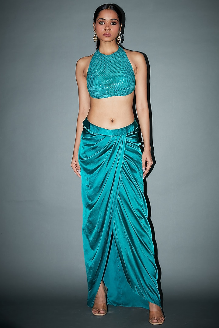 Emerald Green Satin Draped Skirt Set by ITRH at Pernia's Pop Up Shop